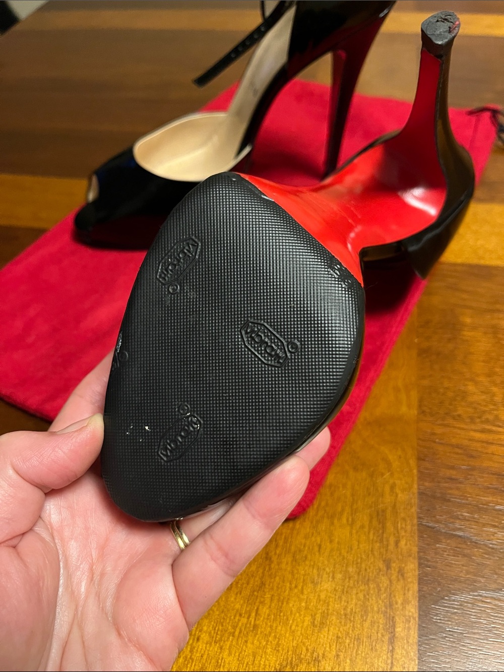 Christian Louboutin Black Patent Leather Peep-Toe Ankle-Strap Stilettos, size 39 - Picture 3 of 16